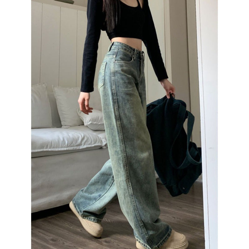 Retro Denim Women's Worn Looking Washed-out Straight Loose Figure Flattering Wide Leg Pants