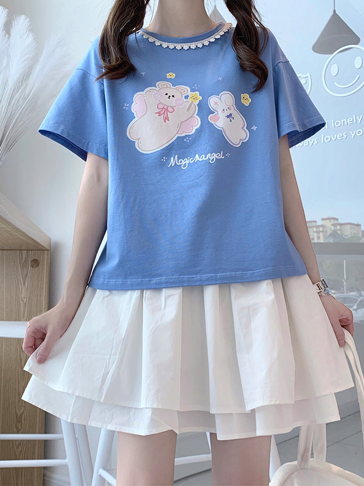 Flying Bear Soft Cute Girl Soft Sister Print Cute Lace Short-sleeved T-shirt