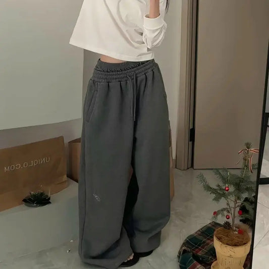 Retro Embroidered Double Waist Sweatpants Loose Casual Sports Pants