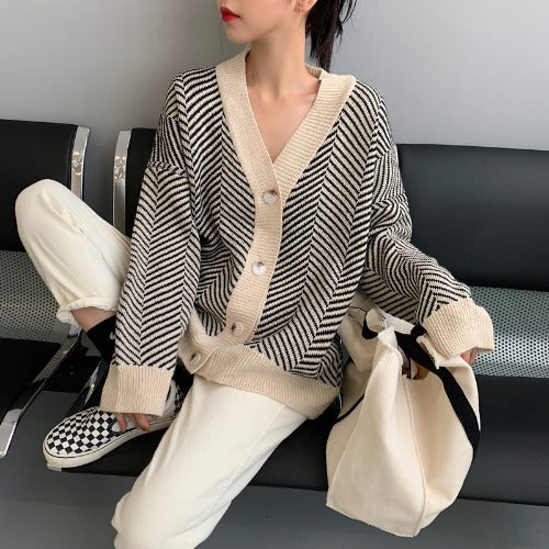 Lazy style loose coat college style striped sweater