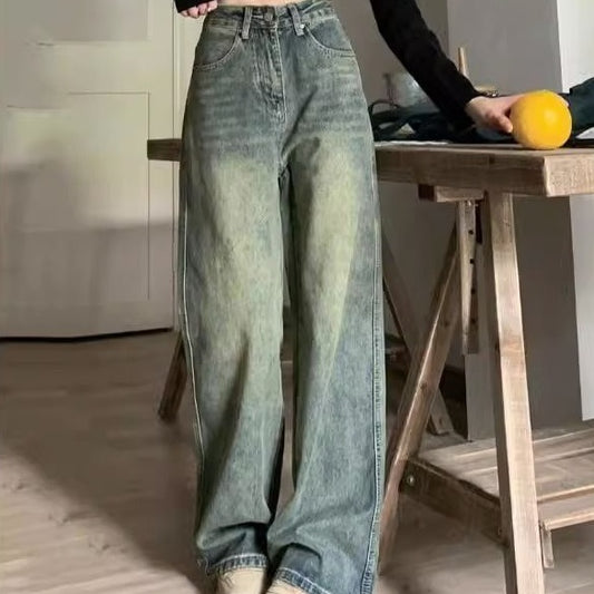 Retro Denim Women's Worn Looking Washed-out Straight Loose Figure Flattering Wide Leg Pants