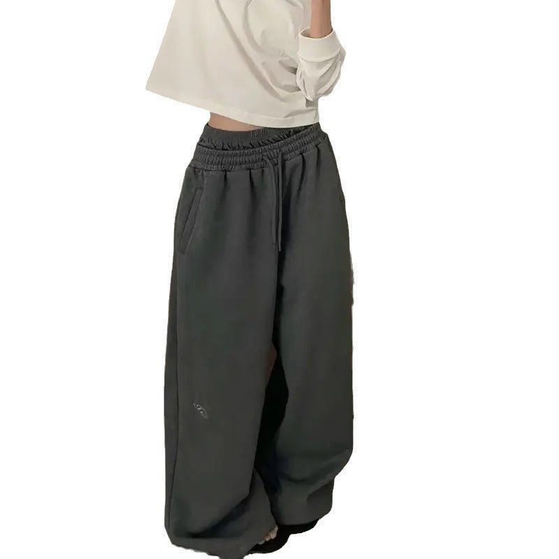 Retro Embroidered Double Waist Sweatpants Loose Casual Sports Pants